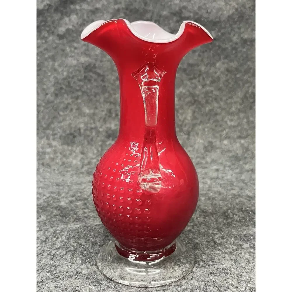 Vintage MCM Red Cased Glass Hobnail Vase Ruffled Rim White Interior 2 Handles 6”
